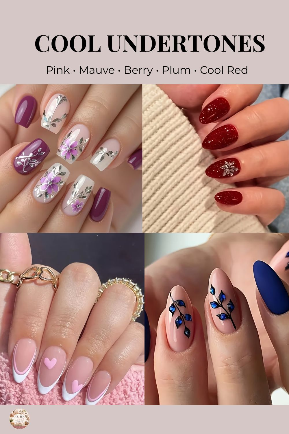 Cool undertones nail color examples including pink mauve berry plum and cool red